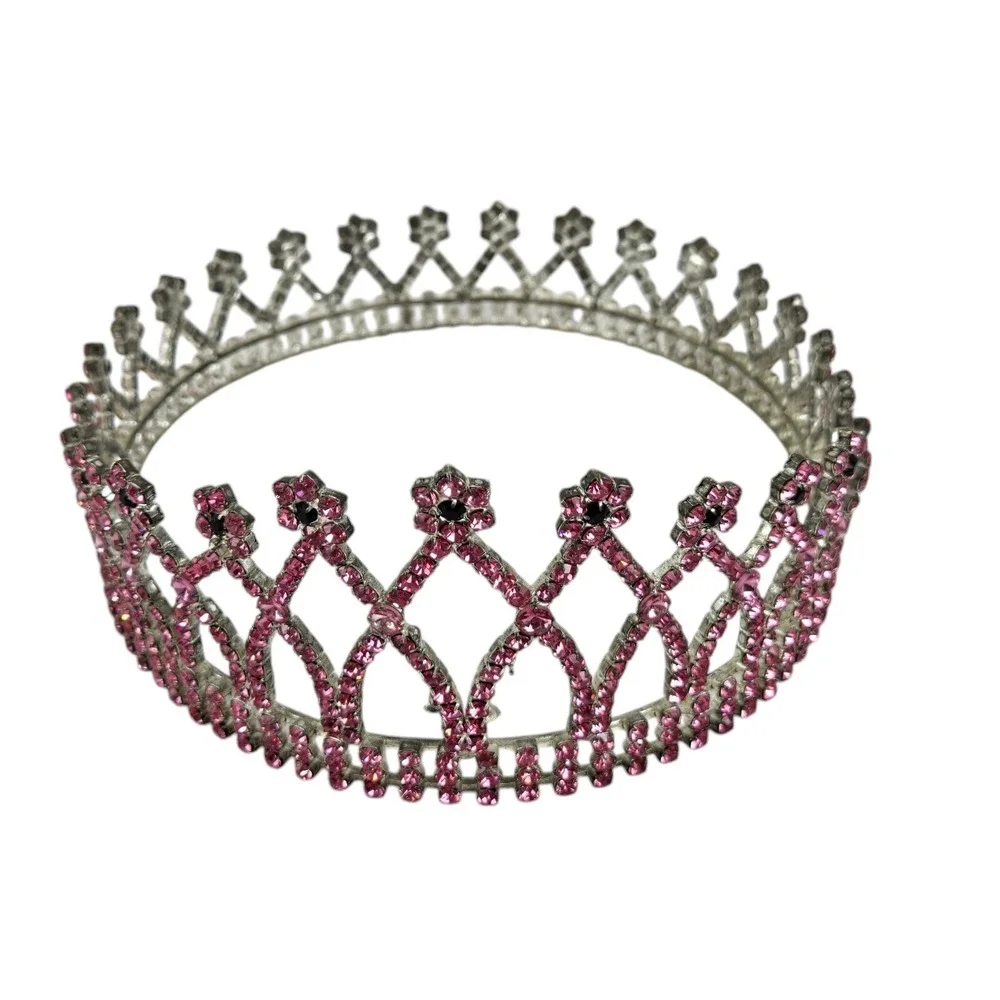 VTG Pink Black Rhinestone Crown Bridal Pageant Princess Cosplay 4 Prong Holders